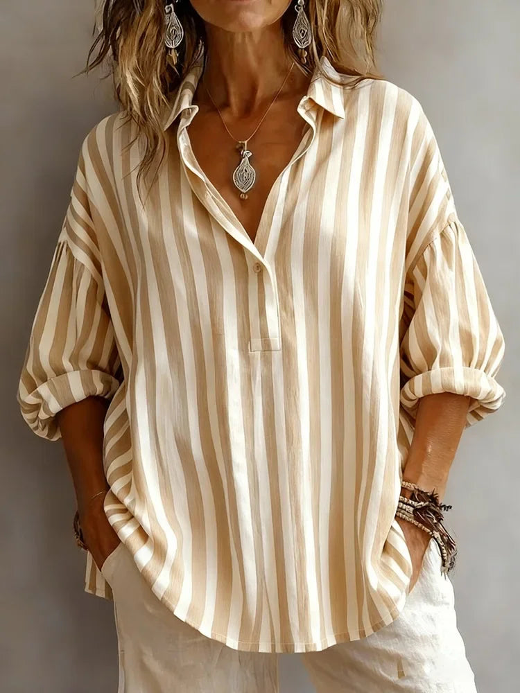 Savannah Clark | Pink Striped V-Neck Blouse with Rolled Long Sleeves