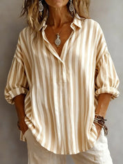 Savannah Clark | Pink Striped V-Neck Blouse with Rolled Long Sleeves