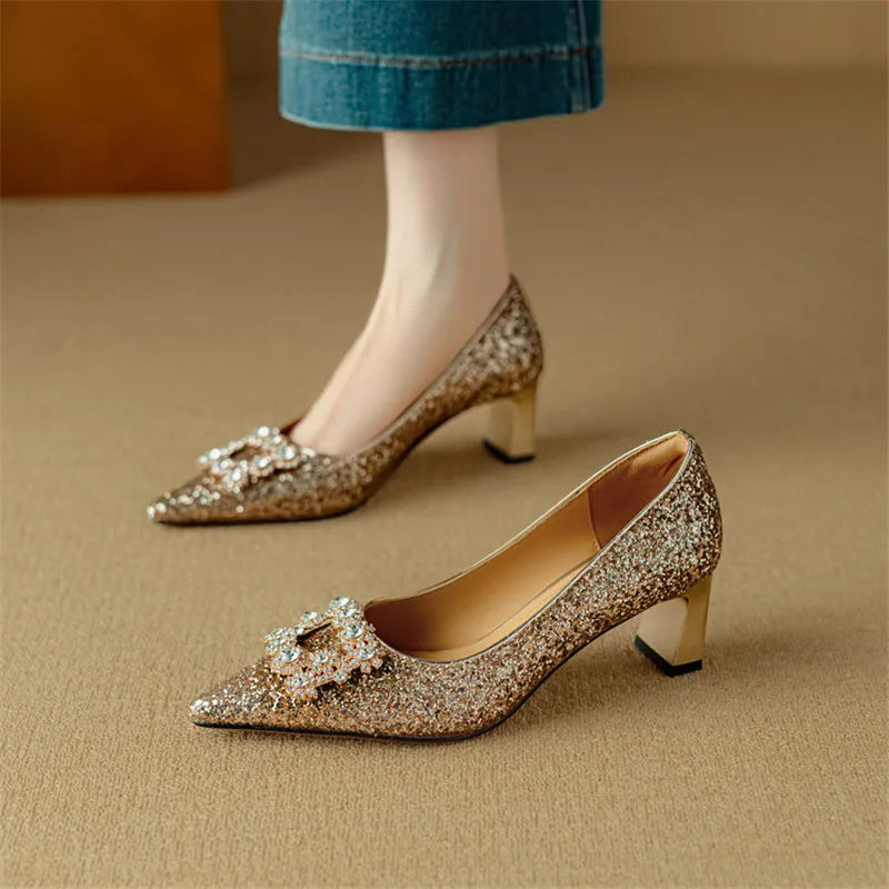 Clarisse Valenthorpe | Gold Glitter Block Heel Pumps with Crystal Buckle