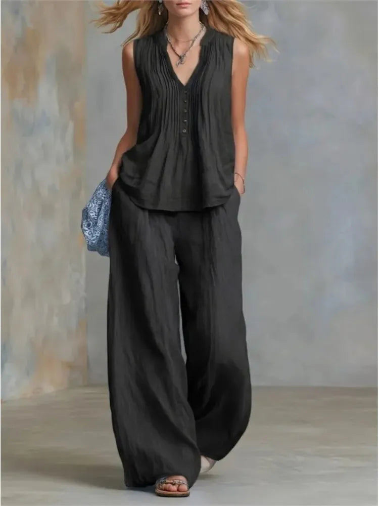 Margot Delacroix | Pleated V-Neck Wide-Leg Two Piece Set For Women
