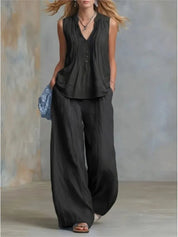 Margot Delacroix | Pleated V-Neck Wide-Leg Two Piece Set For Women