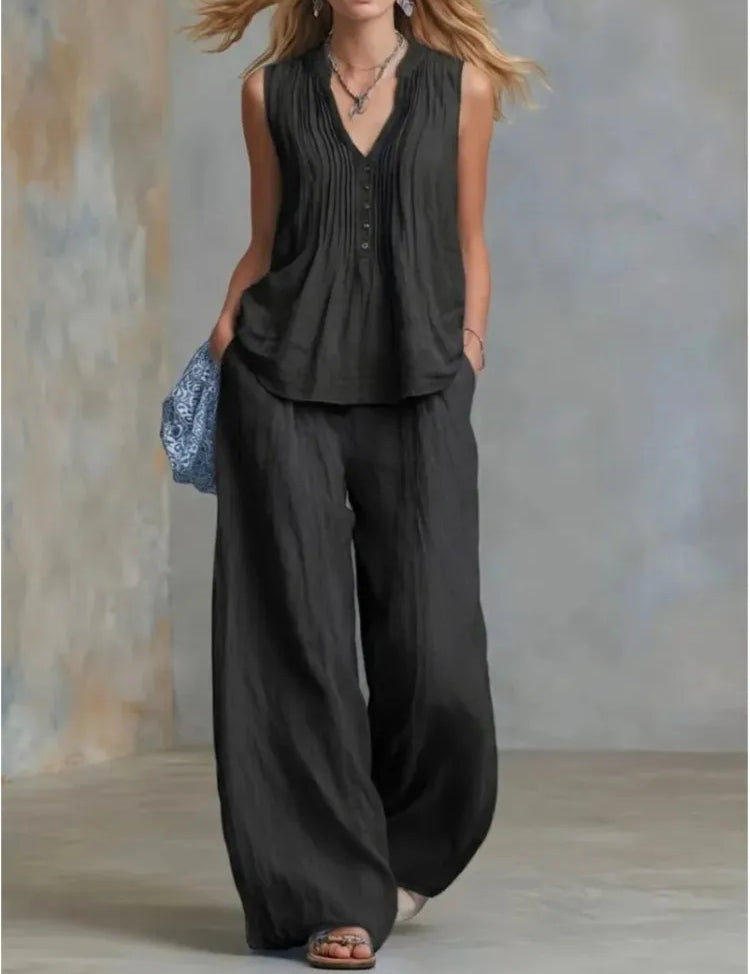 Margot Delacroix | Pleated V-Neck Wide-Leg Two Piece Set For Women