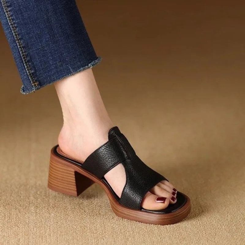 Raffaella Boncourt | Black Leather Block Heel Sandals