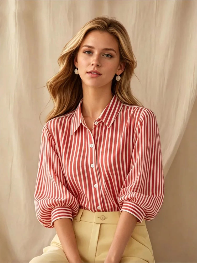 Lily Adams | Red & White Striped Puff Sleeve Shirt For Women