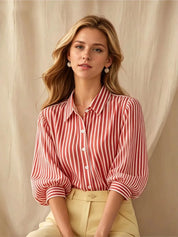 Lily Adams | Red & White Striped Puff Sleeve Shirt For Women