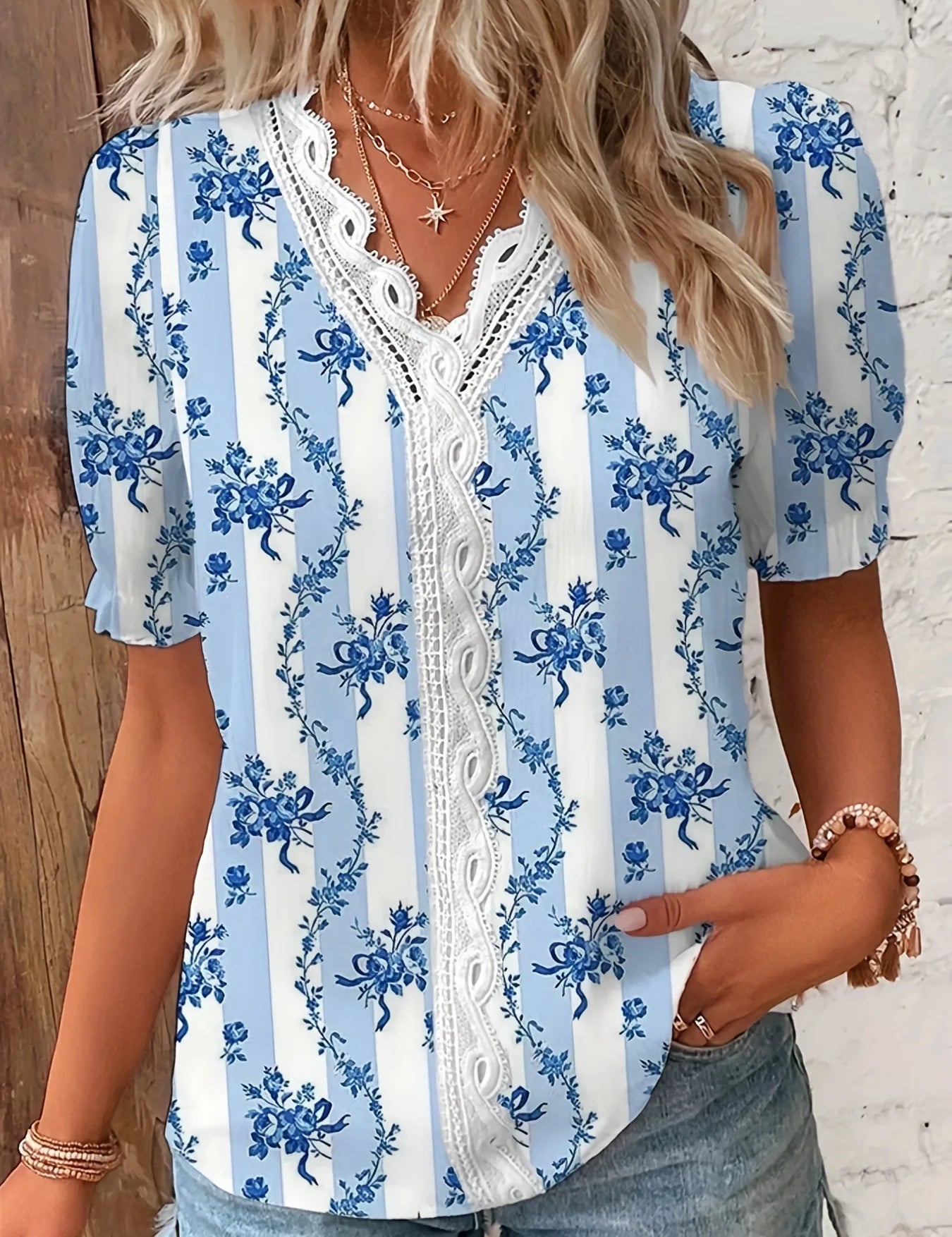 Penelope Hall | Floral Print V-Neck Blouse with Lace Trim