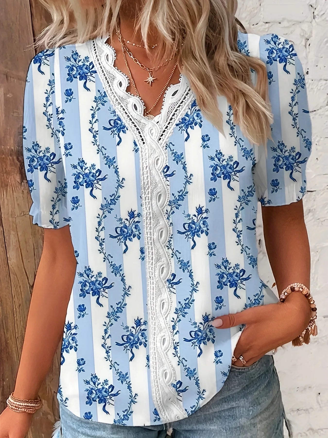 Penelope Hall | Floral Print V-Neck Blouse with Lace Trim
