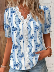 Penelope Hall | Floral Print V-Neck Blouse with Lace Trim
