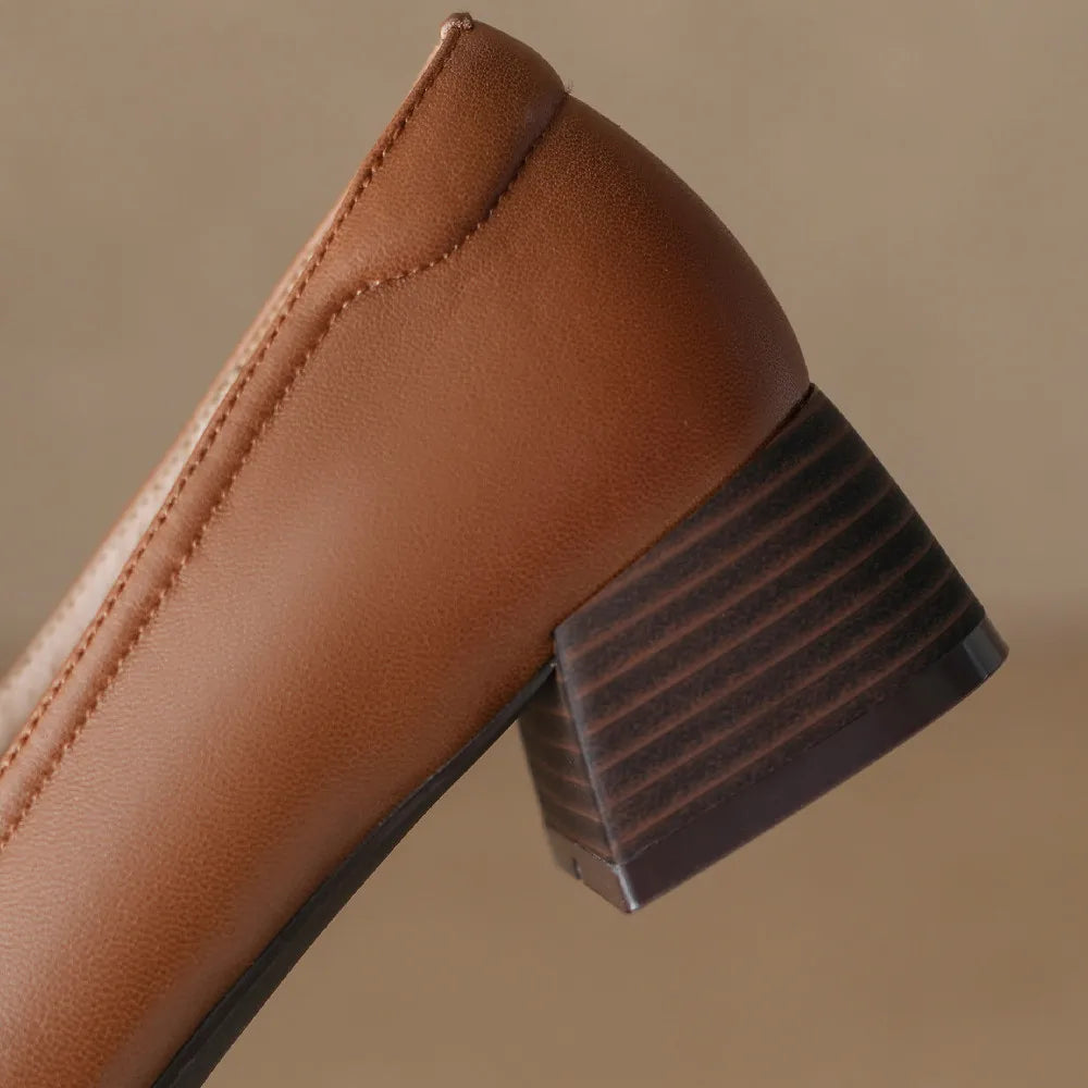Thérèse Villeneuve | Brown Genuine Leather Low Block Heel Loafers