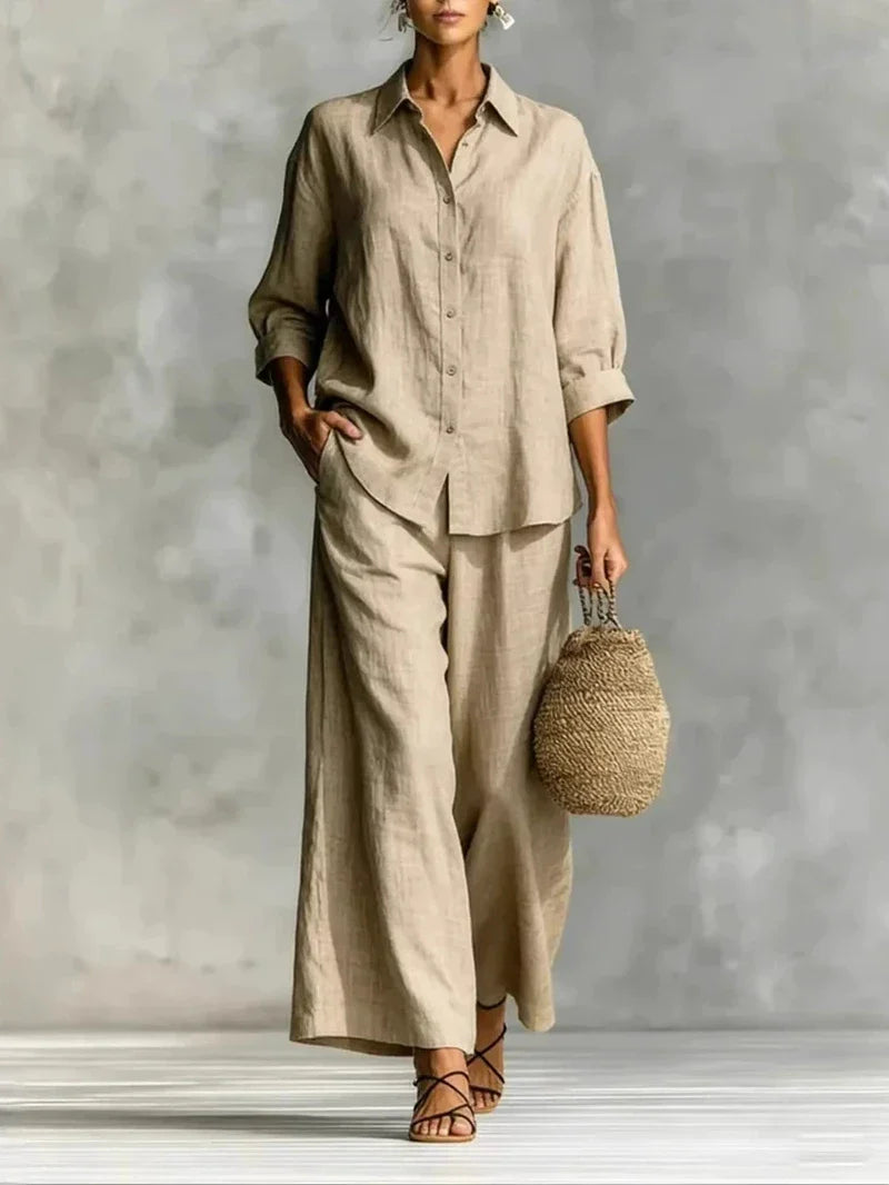 Scarlett Green | Pink Linen Two-Piece Shirt & Wide-Leg Pants Set For Women