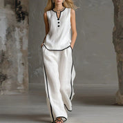 Adrienne Colette | White Linen Two-Piece Set with Contrast Trim For Women