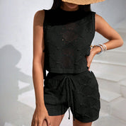 Lucia Ferrano | Crochet Hollow Knit Crop Top & Shorts Two-Piece Set For Women