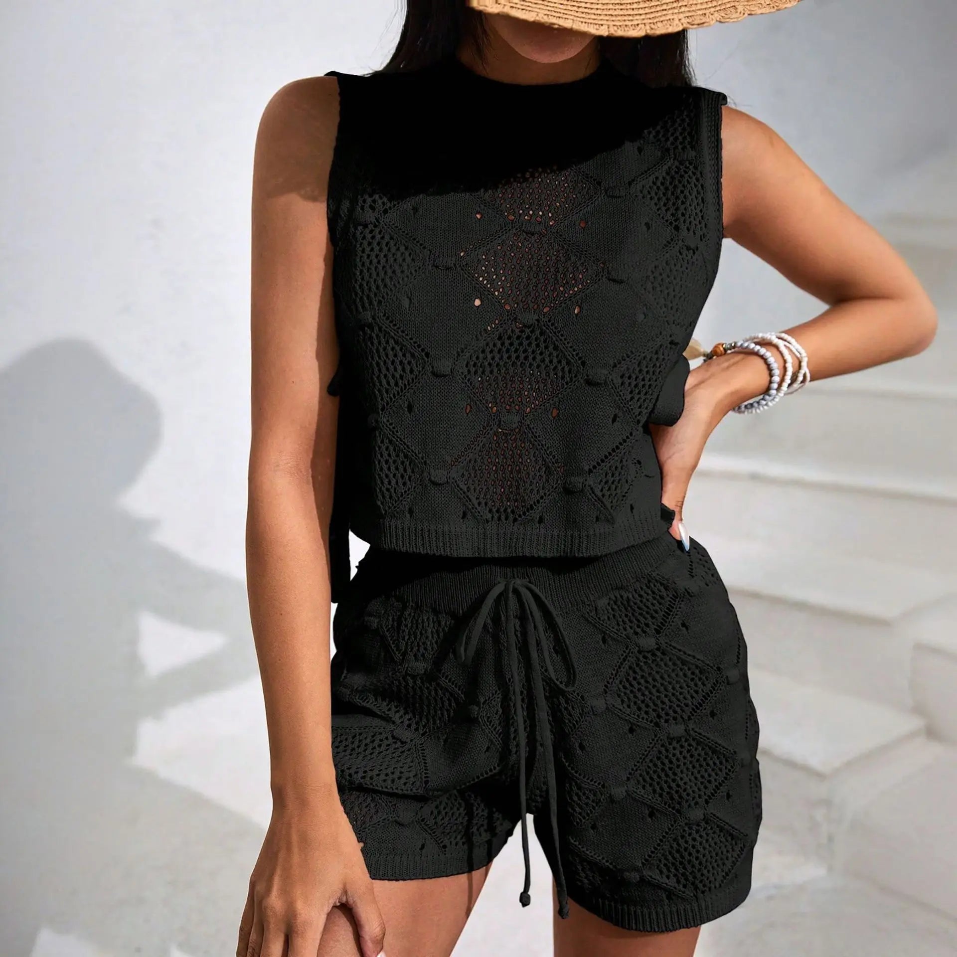 Lucia Ferrano | Crochet Hollow Knit Crop Top & Shorts Two-Piece Set For Women