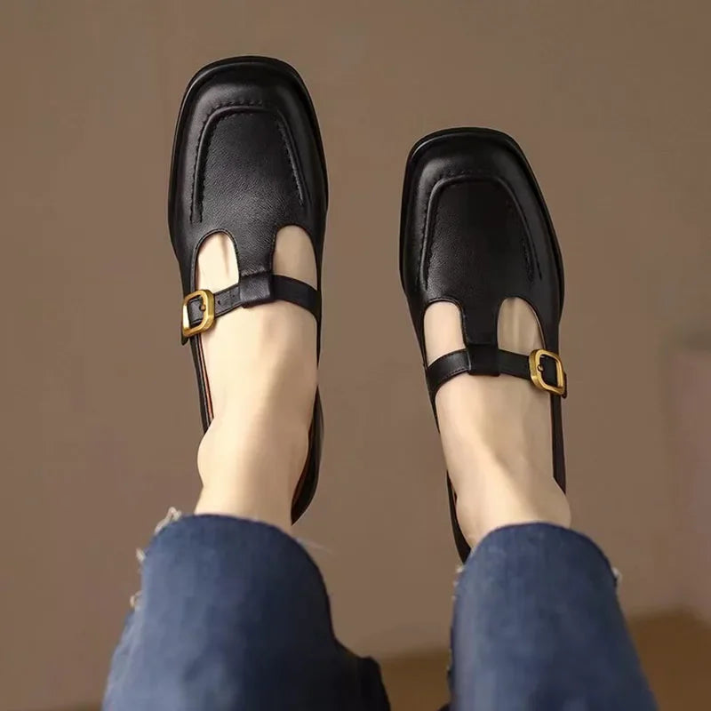 Sylvana Beaumont | Women's T-Strap Mary Jane Shoes Square Toe Low Block Heel