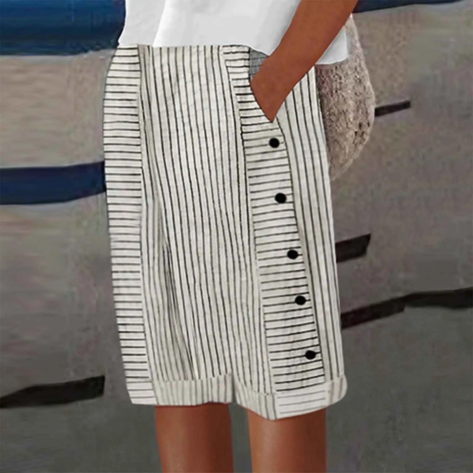 Florette Danbridge | Striped Linen-Cotton Cropped Shorts with Side Buttons