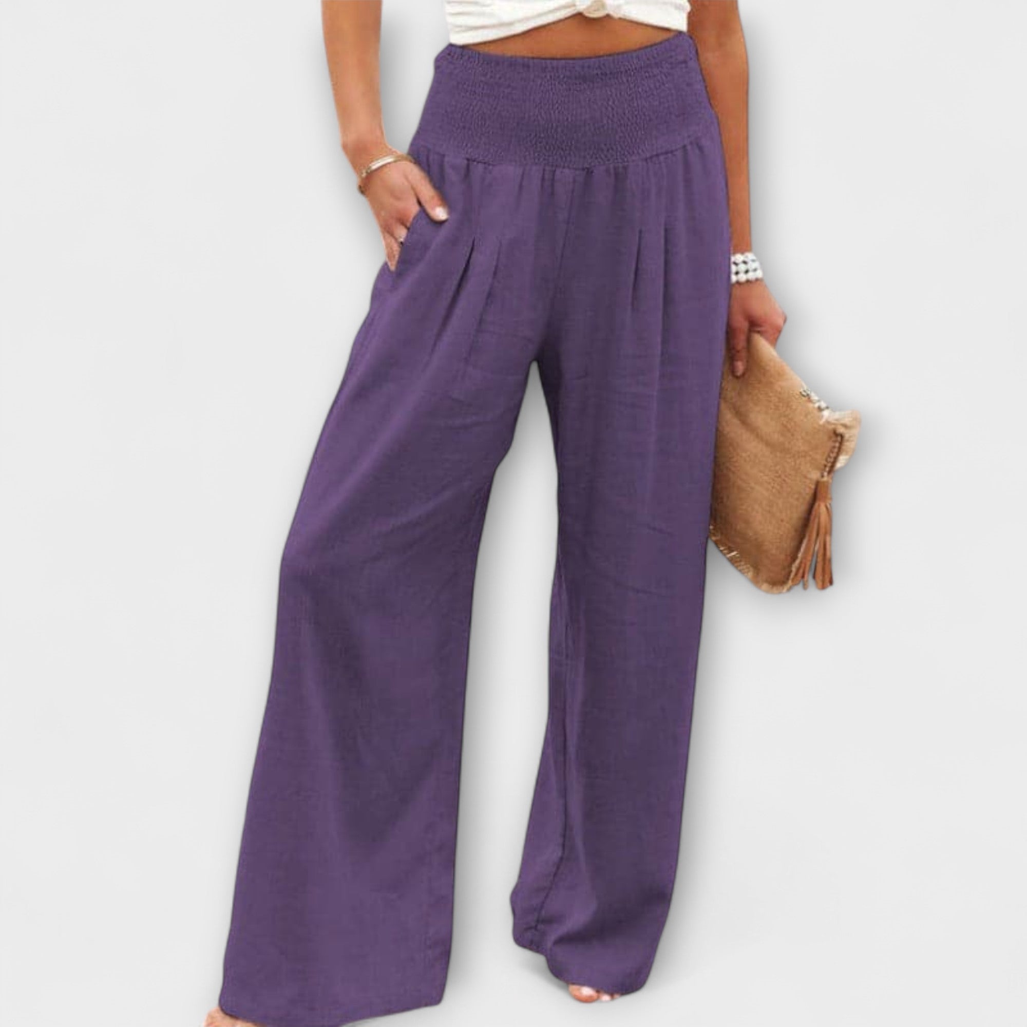 Marguerite Soleil | Coral Wide-Leg Linen Pants with Smocked Waist