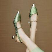 Céleste Morvannes | Green Floral Jacquard Pearl Strap Slingback Kitten Heel