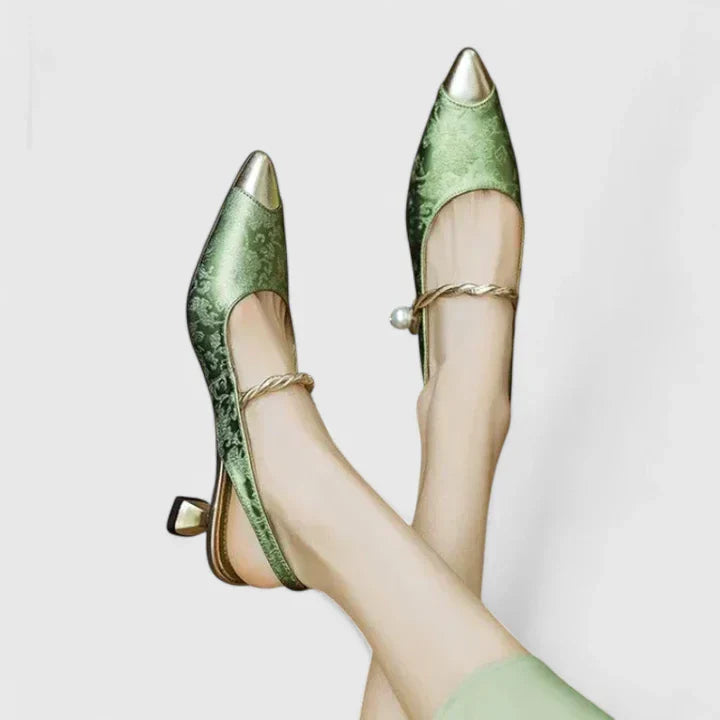 Seraphielle Fontclair | Green Floral Kitten Heel Slingback with Pearl Strap