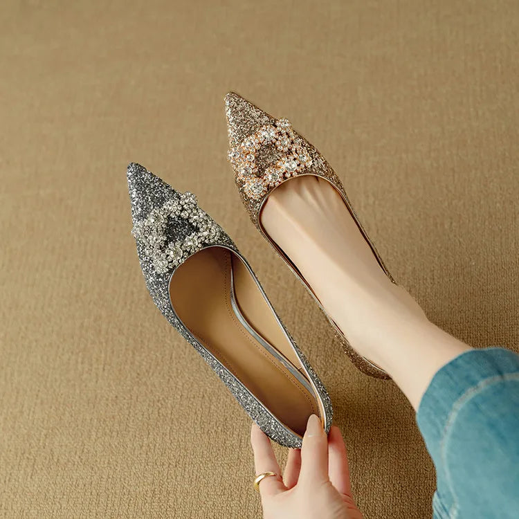 Clarisse Valenthorpe | Gold Glitter Block Heel Pumps with Crystal Buckle