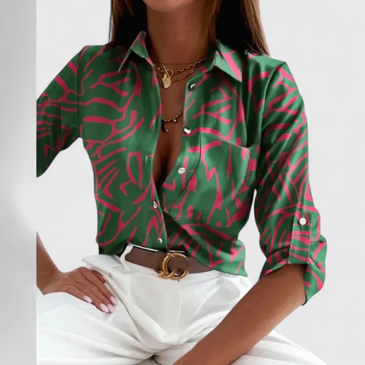 Céleste Vaudreuil | Geometric Print Long Sleeve Button-Up Blouse