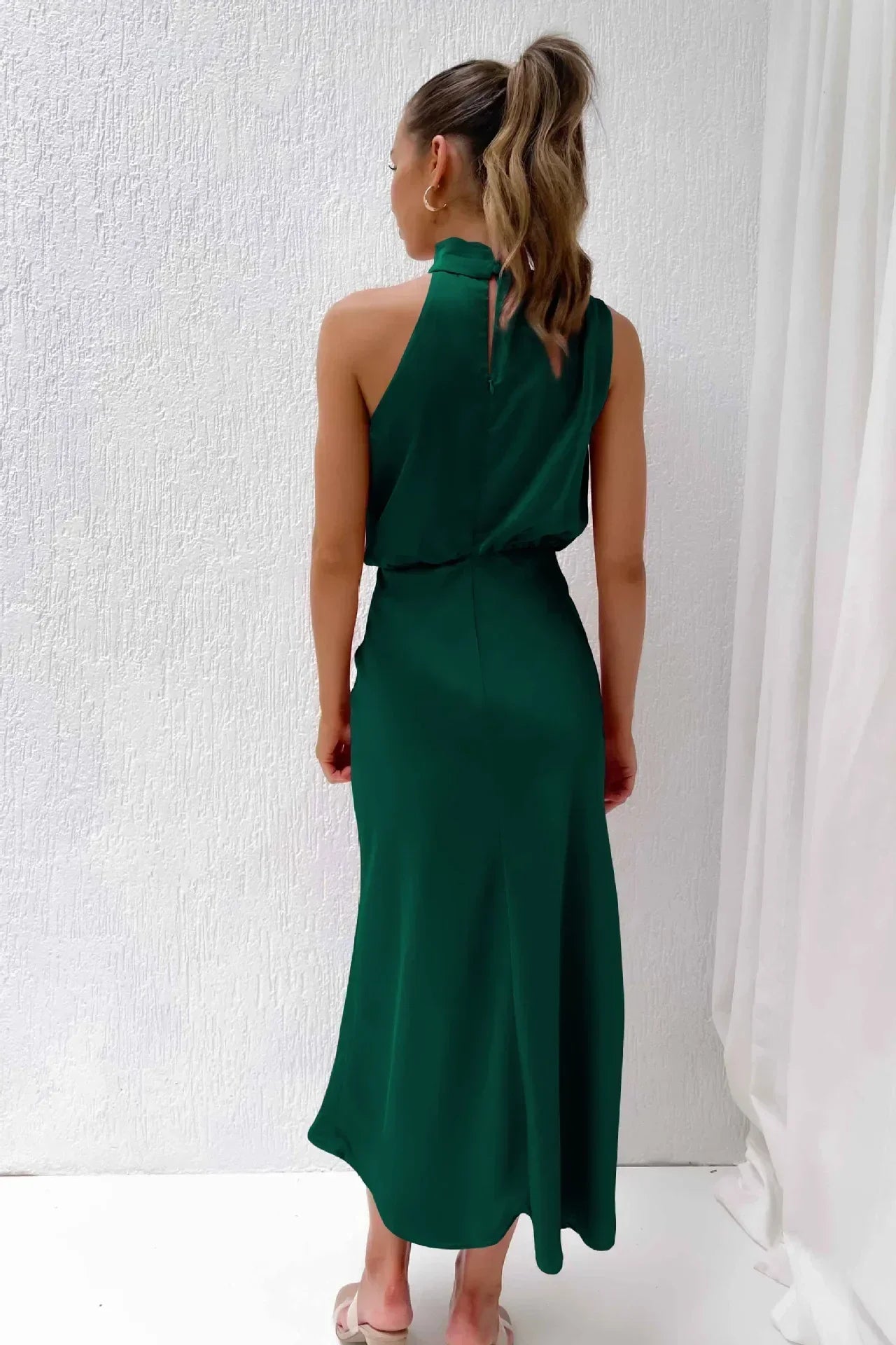 Seraffina Wolvecourt | Sage Green Satin Halter Midi Dress