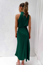 Seraffina Wolvecourt | Sage Green Satin Halter Midi Dress