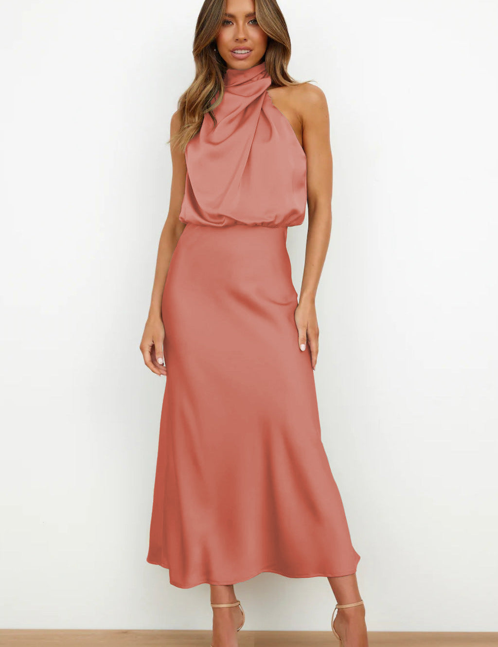 Seraffina Wolvecourt | Sage Green Satin Halter Midi Dress