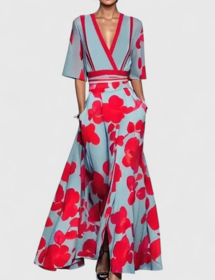 Rosalinde Vauclaire | Red Floral V-Neck Maxi Dress