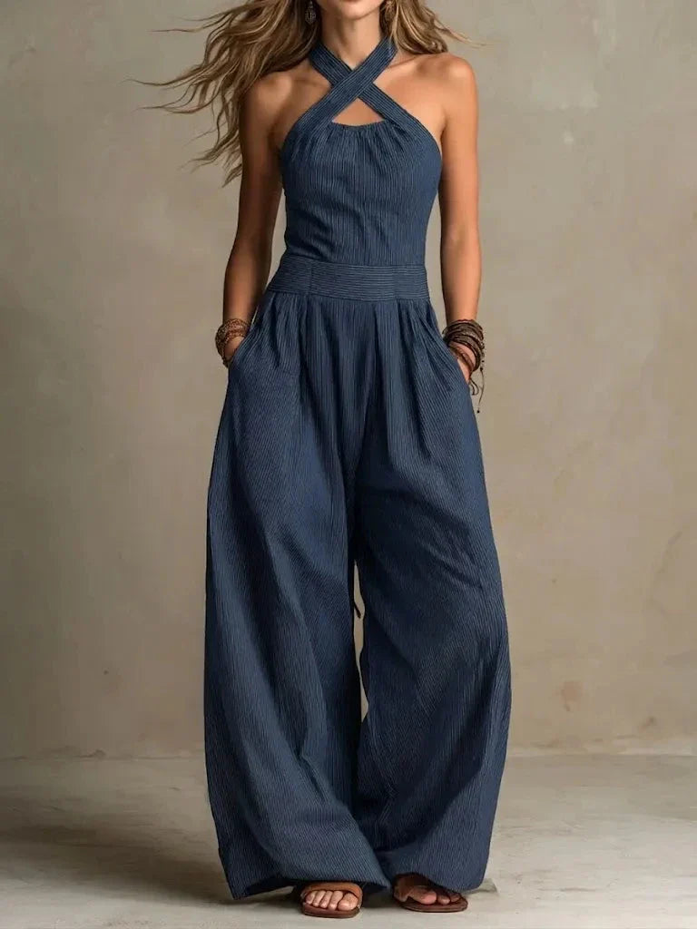 Amelia Green | Linen Blend Halter Wide Leg Jumpsuit in Beige