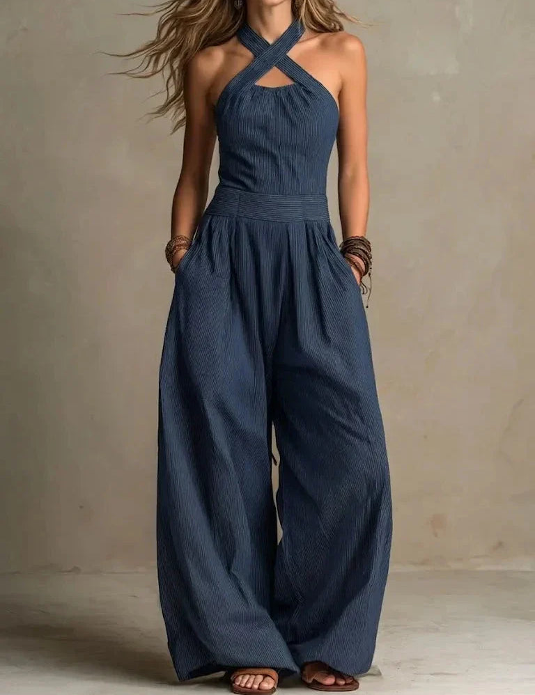 Amelia Green | Linen Blend Halter Wide Leg Jumpsuit in Beige