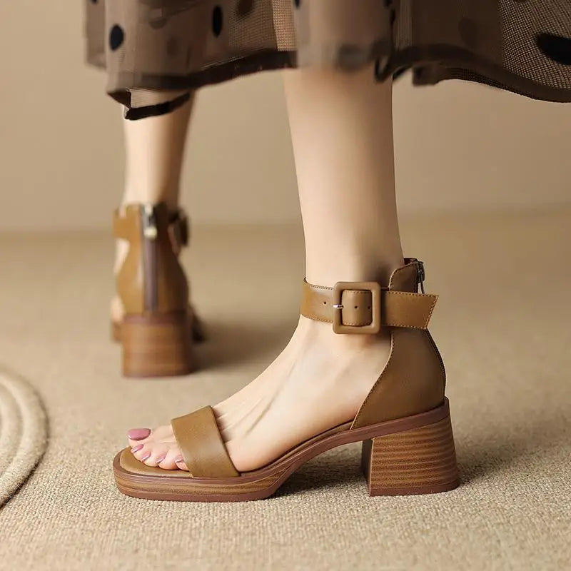 Emmeline Stanhope | Cream Block Heel Ankle Strap Sandals