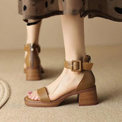 Emmeline Stanhope | Cream Block Heel Ankle Strap Sandals