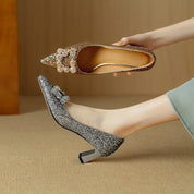 Clarisse Valenthorpe | Gold Glitter Block Heel Pumps with Crystal Buckle