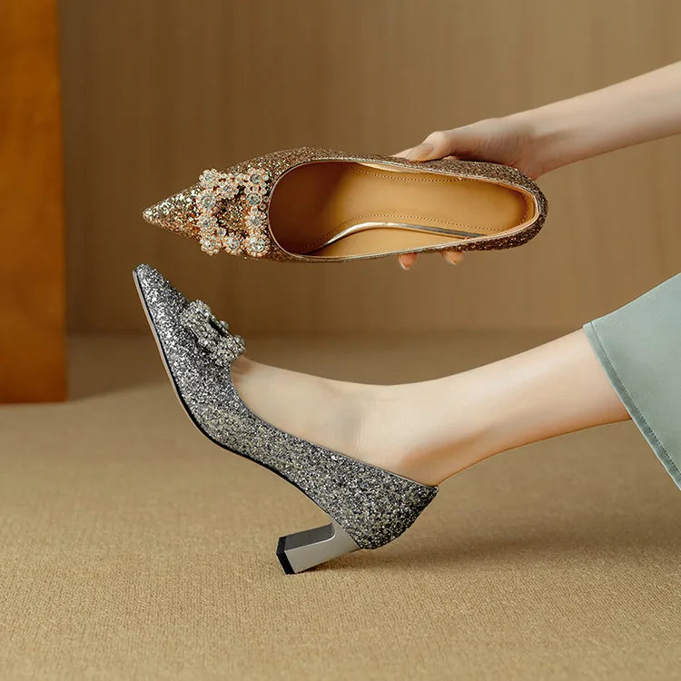 Clarisse Valenthorpe | Gold Glitter Block Heel Pumps with Crystal Buckle