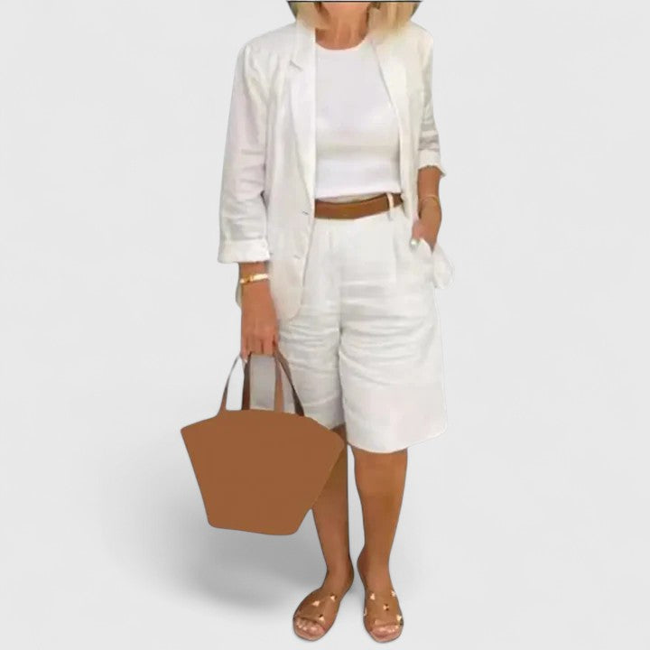 Thalia Renbourne | Coral Pink Linen Blazer & Shorts 2-Piece Set