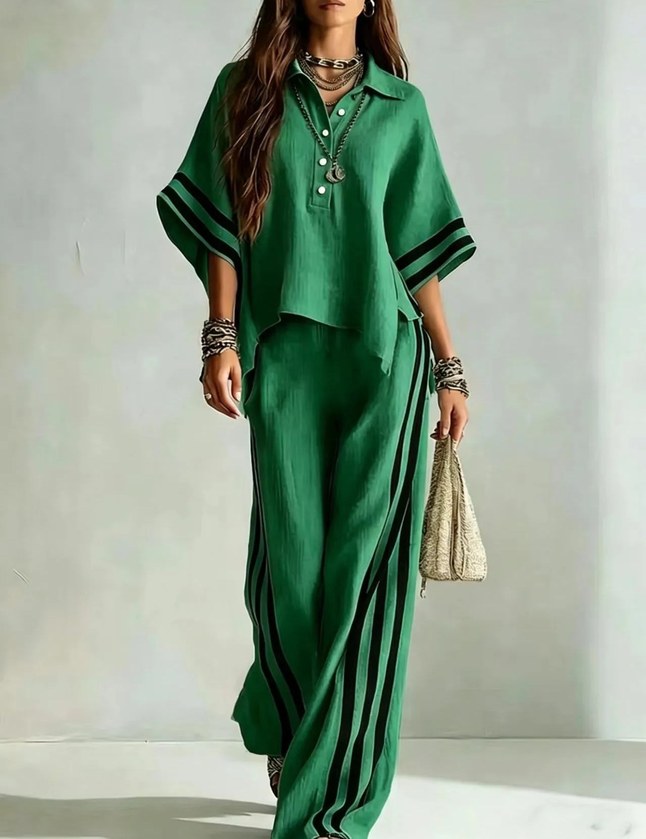Renata Soleil | Khaki Striped Wide Leg Two-Piece Set For Women