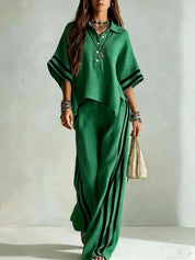 Renata Soleil | Khaki Striped Wide Leg Two-Piece Set For Women