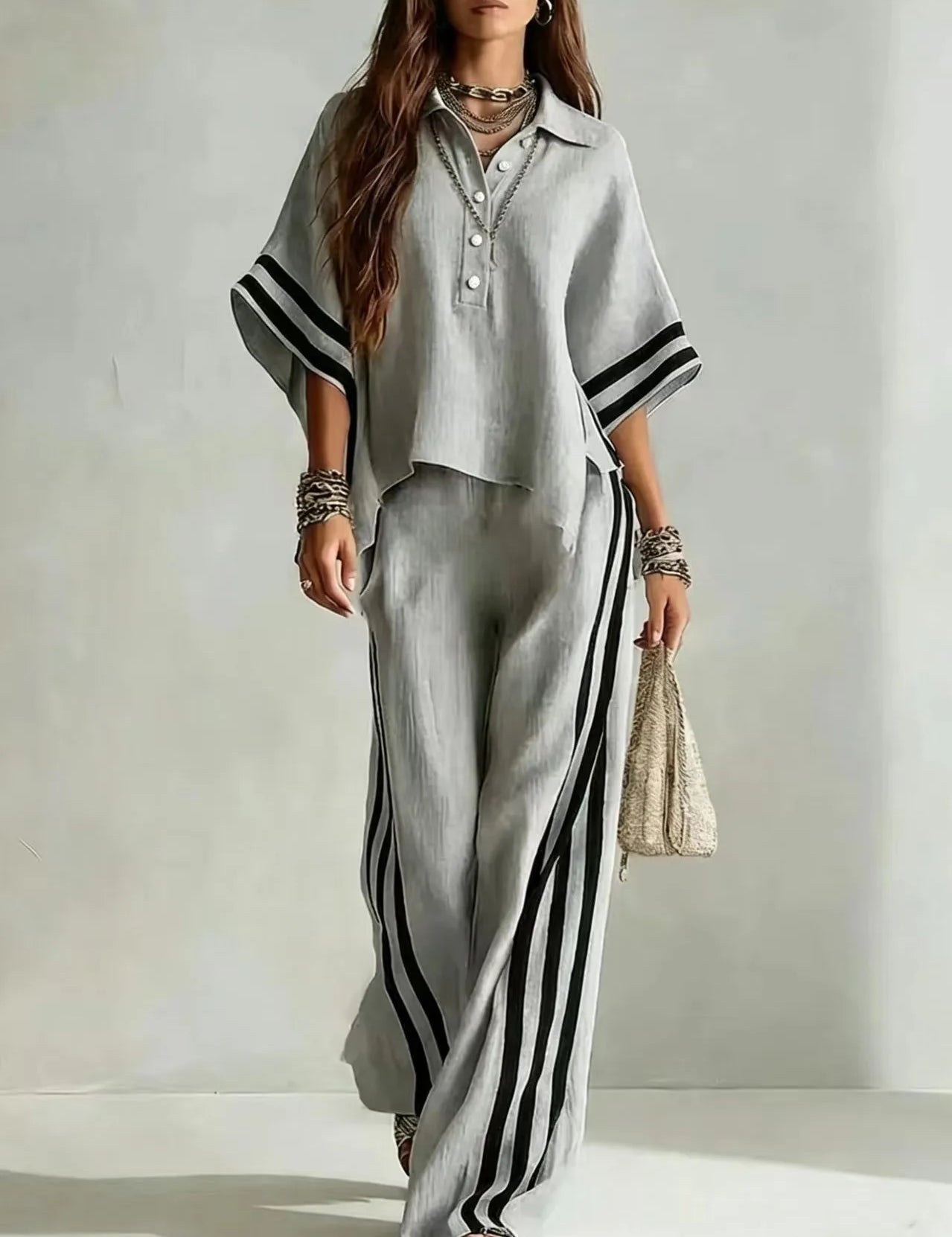 Renata Soleil | Khaki Striped Wide Leg Two-Piece Set For Women