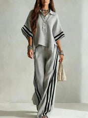 Renata Soleil | Khaki Striped Wide Leg Two-Piece Set For Women
