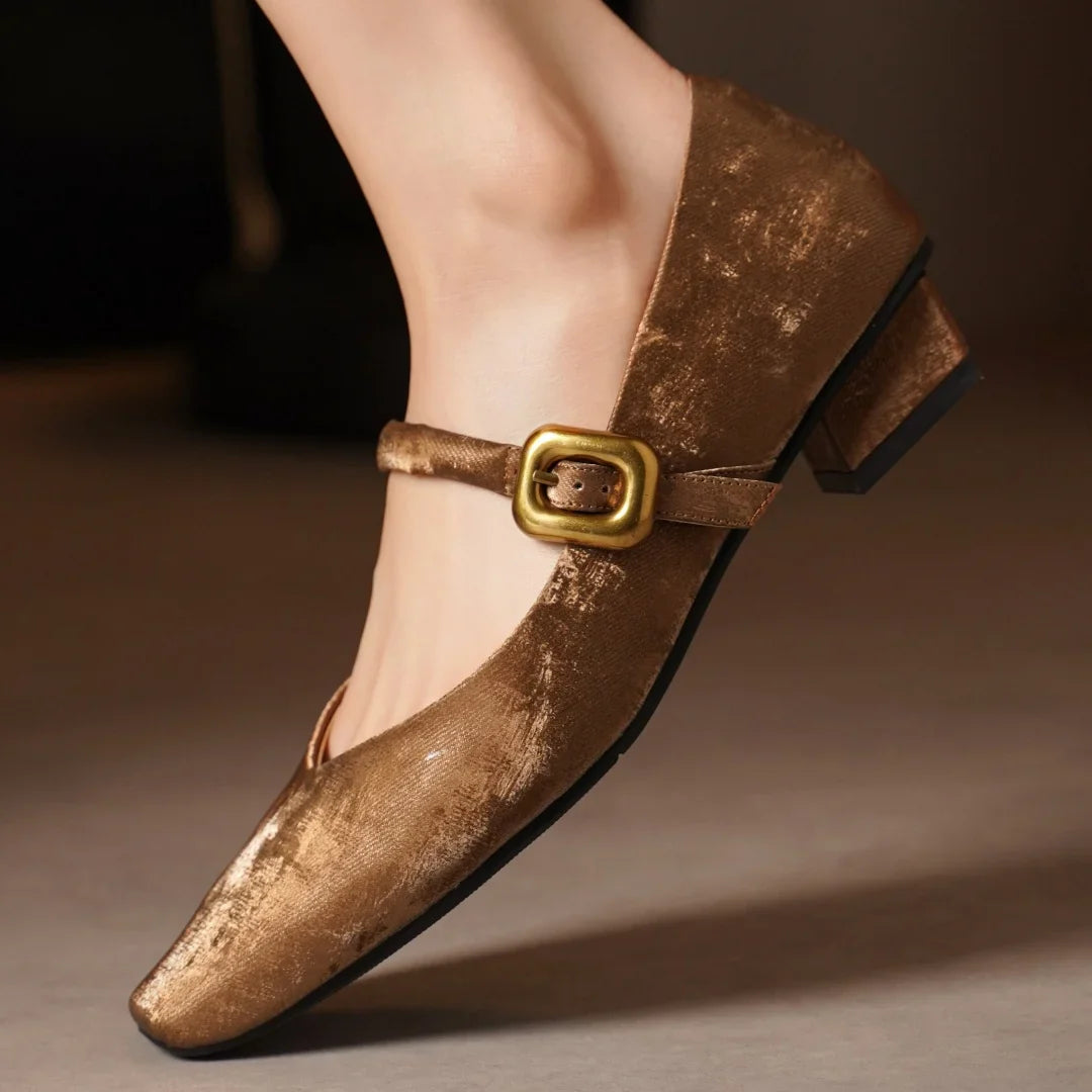 Sylvaine Delcroix | Velvet Mary Jane Heels with Gold Buckle