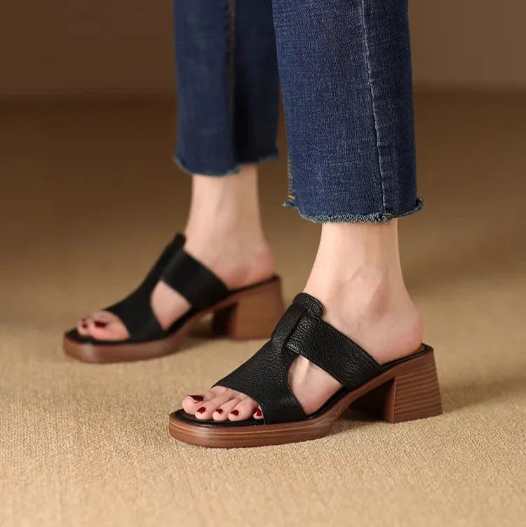Raffaella Boncourt | Black Leather Block Heel Sandals