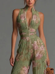 Hannah Clark | Floral Pleated Wide Leg Halter Jumpsuit For Women