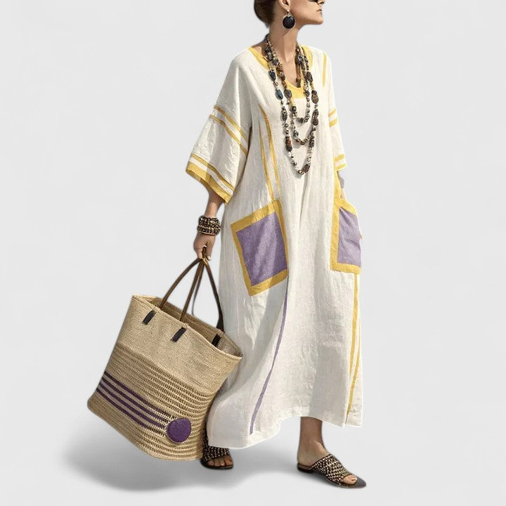 Fleurdelise Montague | V-Neck Striped Linen Maxi Dress with Pockets
