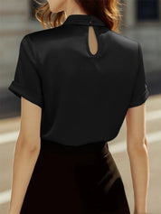 Scarlett Adams | White Satin Keyhole Blouse with Short Sleeves