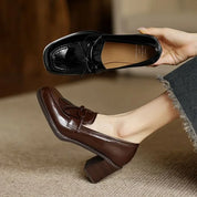 Leticia Beauvigne | Black Patent Tassel Loafer Block Heel Pump