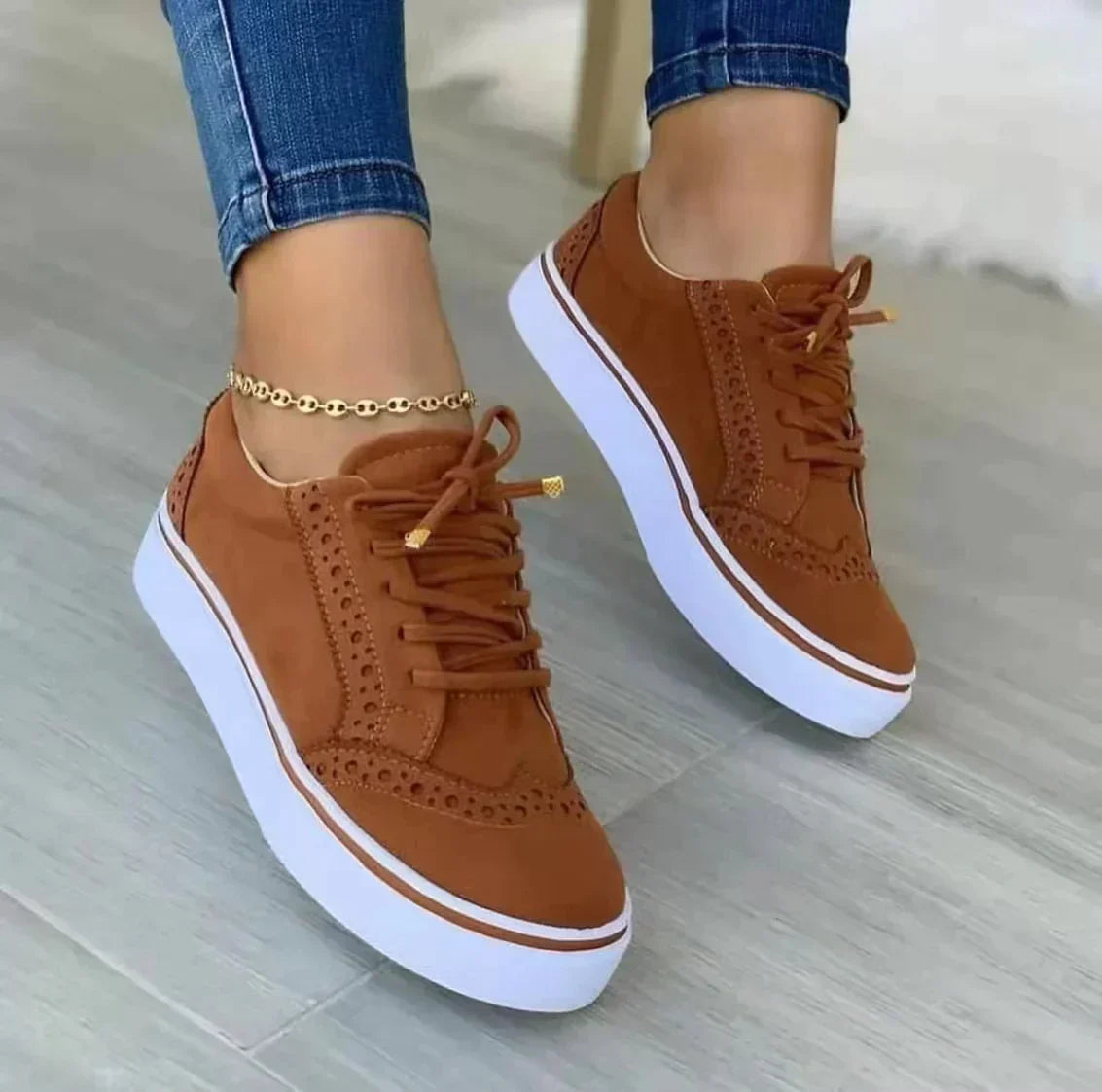 Claudia Wrenthorpe | Tan Platform Sneakers with Brogue Detail