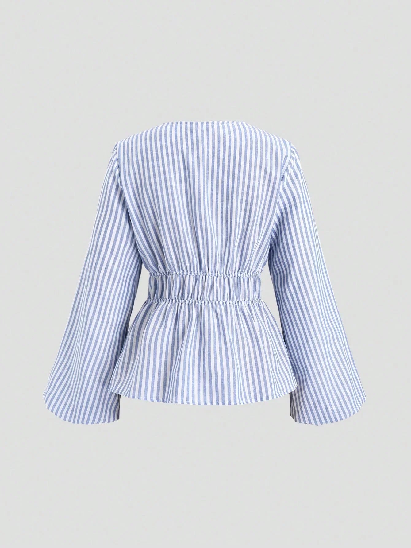 Sylvie Marchand | Blue Striped Deep V-Neck Blouse with Tie Front For Women