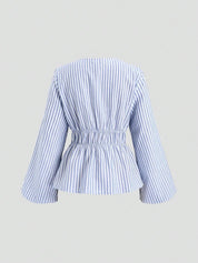 Sylvie Marchand | Blue Striped Deep V-Neck Blouse with Tie Front For Women
