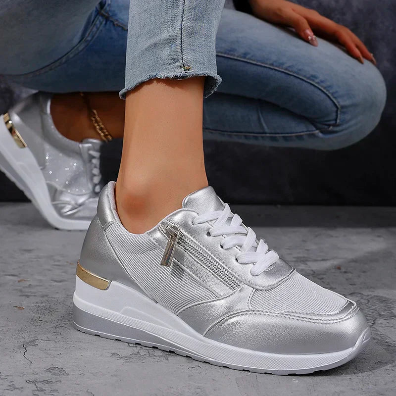 Elara Vanthorpe | Silver Metallic Platform Sneakers with Side Zipper