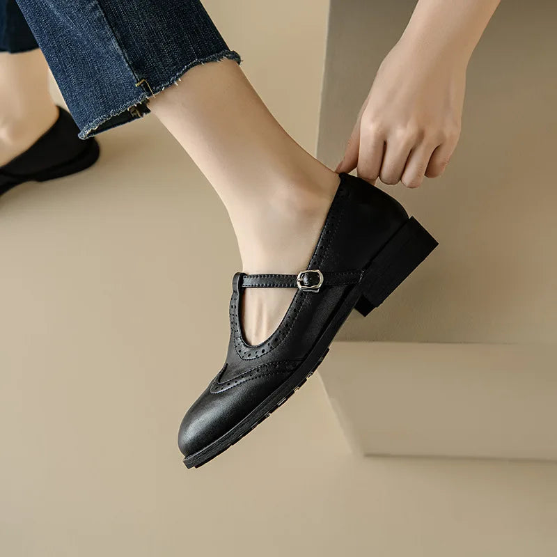 Rowena Delvigne | Brown Brogue T-Strap Mary Jane Low Block Heel
